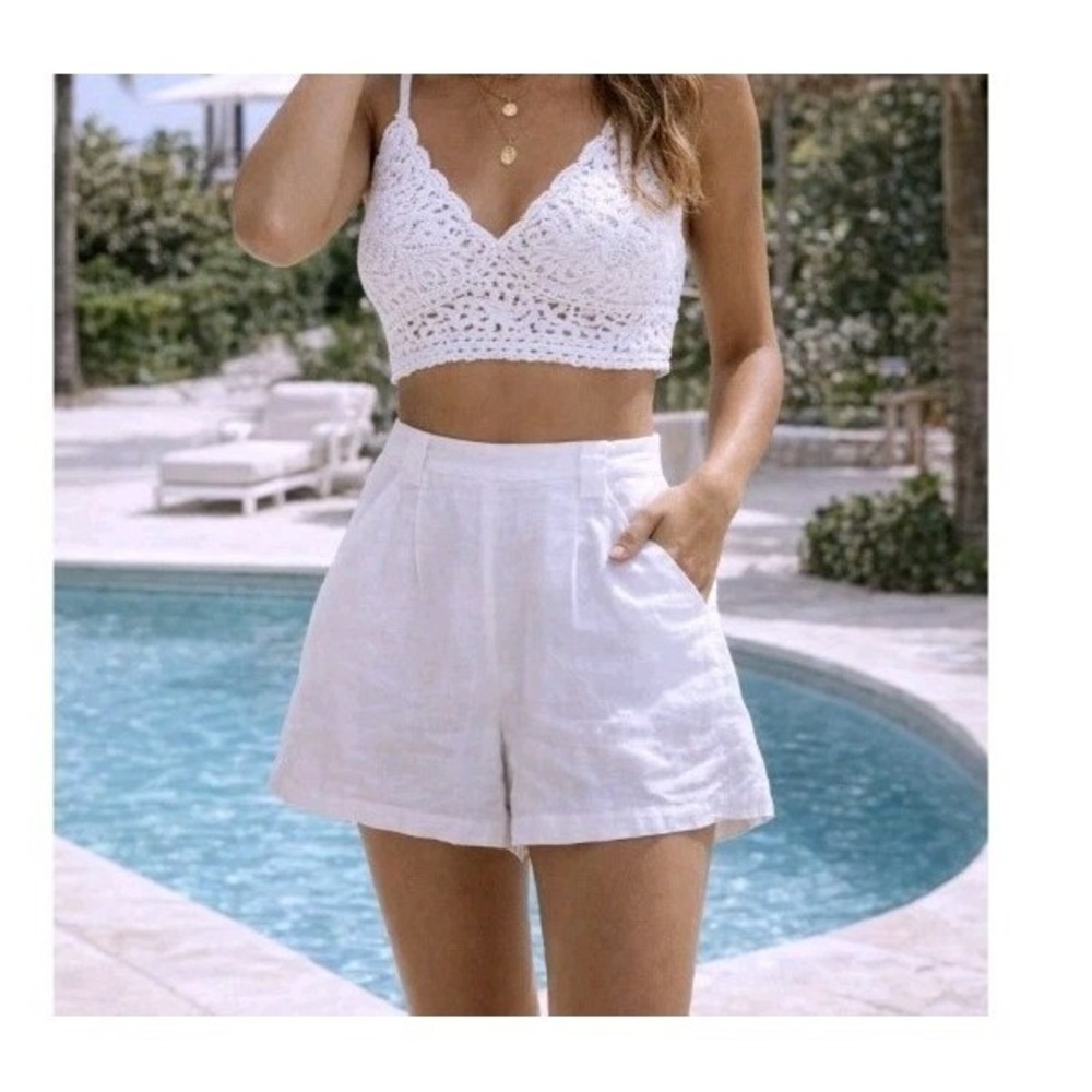 Miguelina Linen Shorts Women's Size Small White High Waisted Side Zip EUC